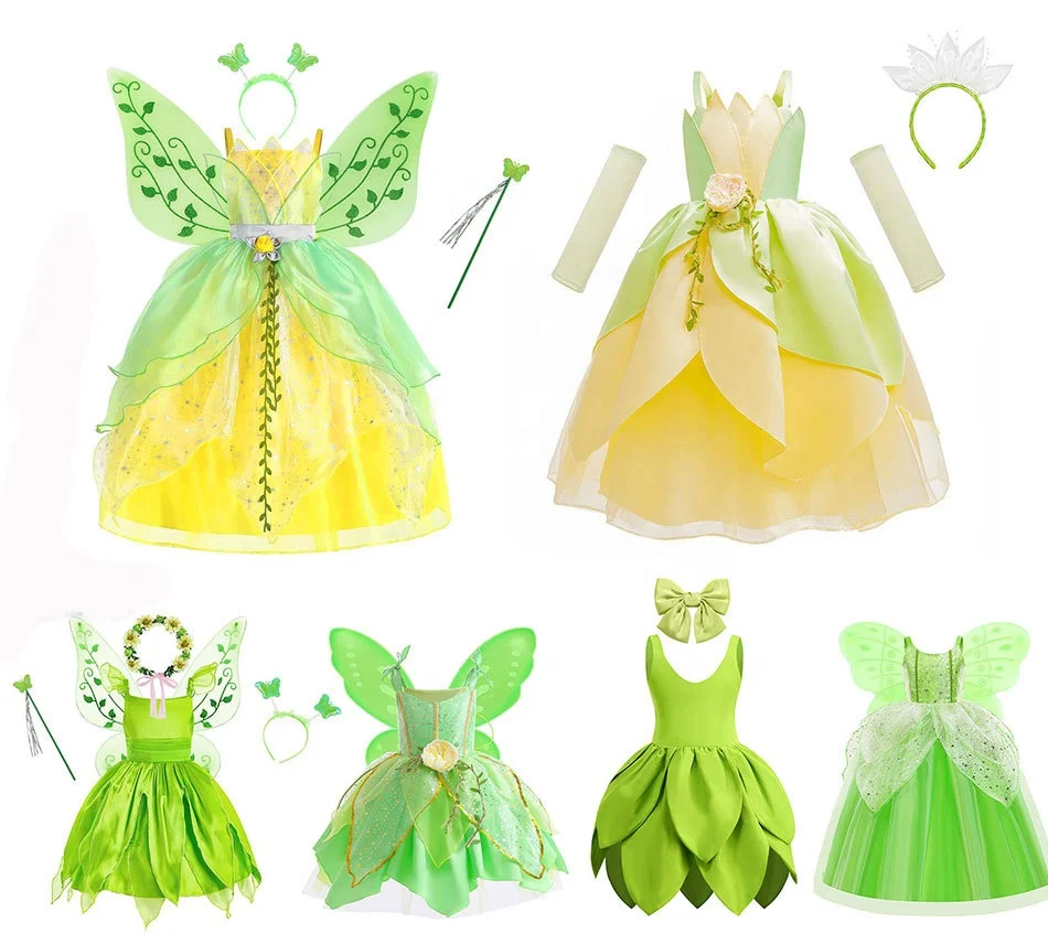 Factory price Halloween cosplay green elf dress Princess Tiana Tinker Bell school Party kids performance clothes