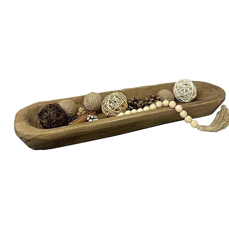 Farmhouse Rustic Decorative Hand Carved Wooden Bowls Long Paulownia Wood Bowl Vintage Wood Dough Bowl For Candles