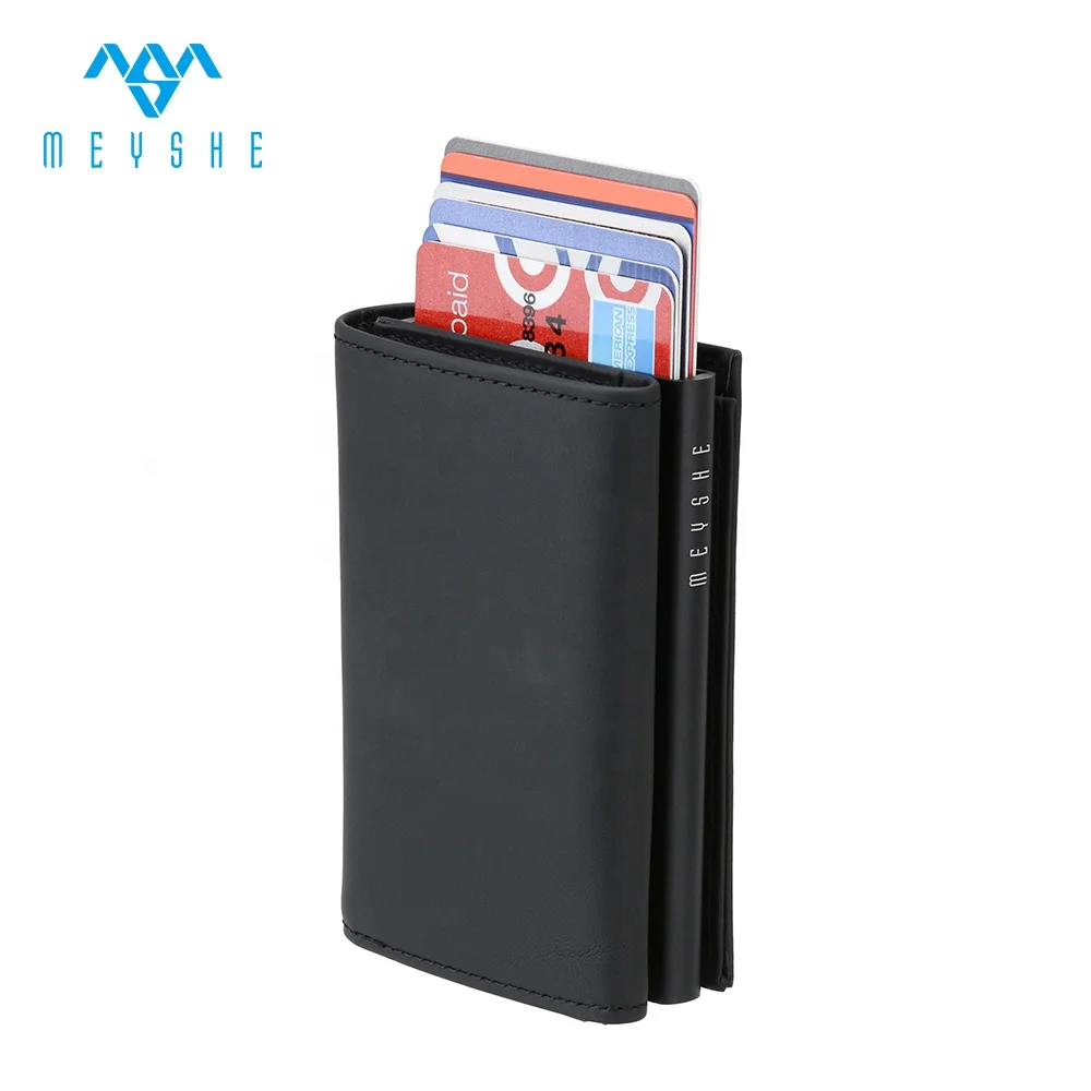 Custom Genuine Leather Automatic Pop Up Metal Magnetic RFID Blocking Credit Card Holder Wallet Coin Purse For Men