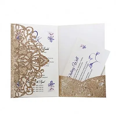 
Gold Sliver Laser Cut Floral Pocket Greeting Cards With Envelope Customized Party Wedding Invitations 