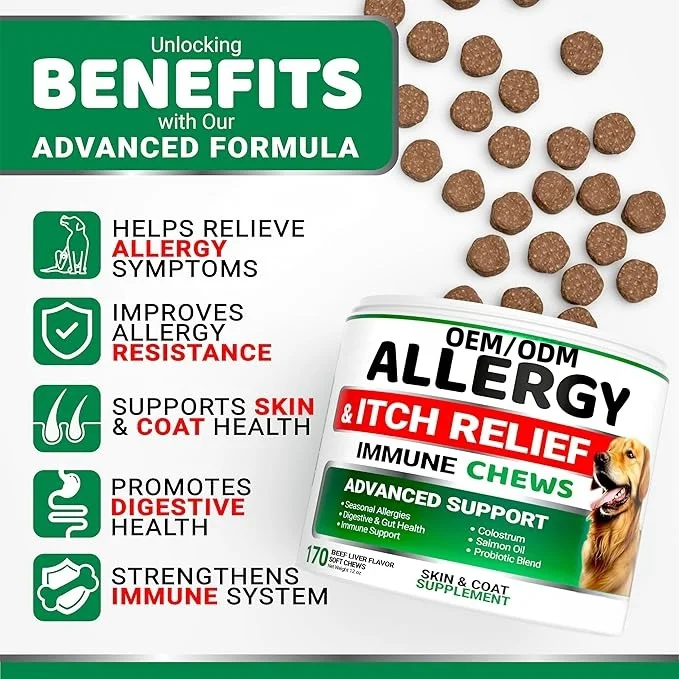 OEM Dog Allergy Relief Chews - Dog Itching Skin Relief Treatment Pills - Itchy and Paw Licking  - Dry Skin & Coat Supplement