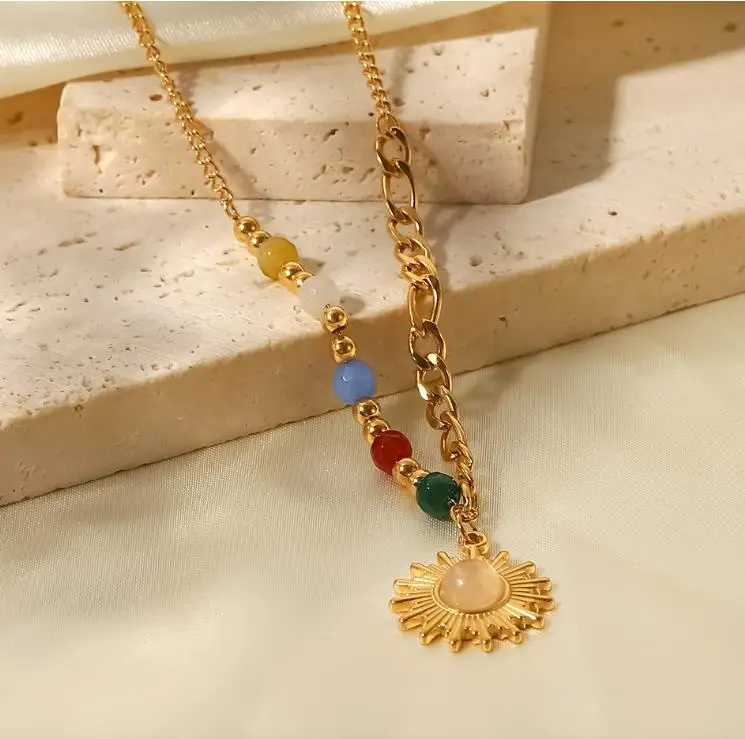 Fine Jewelry INS French Sun Flower Pendant 18K Gold Plated Stainless Steel Thick Link Chain Necklace For Women Jewelry