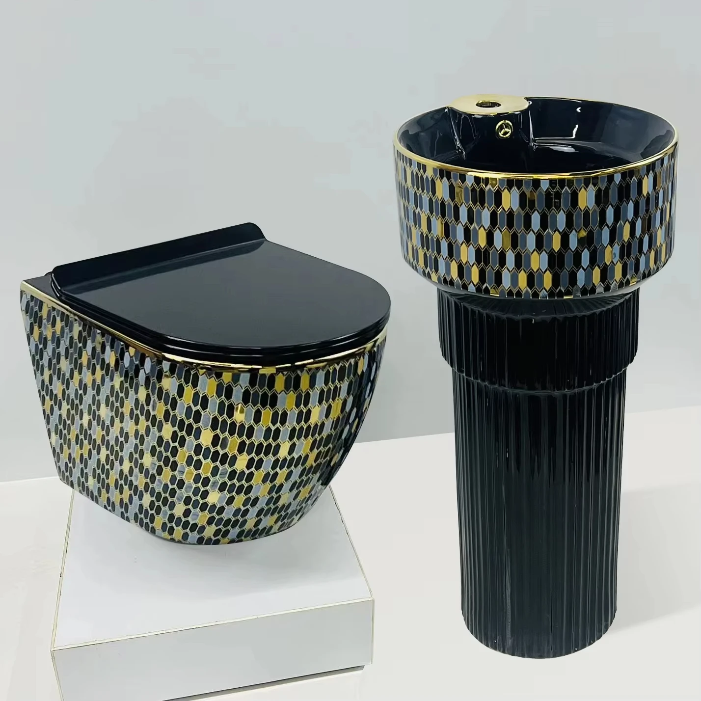 Meiyani Modern Mosaic Pattern Pedestal Round Cylinder Floor Mounted Ceramic Bathroom Wash Basin Column Sinks With Pedestal