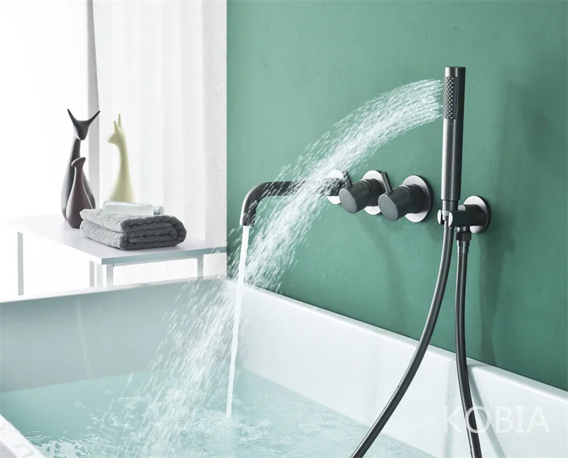 High Flow Matte in Wall Black Bathtub Faucet Wall Mount Waterfall Tub Filler Faucet with Hand Shower