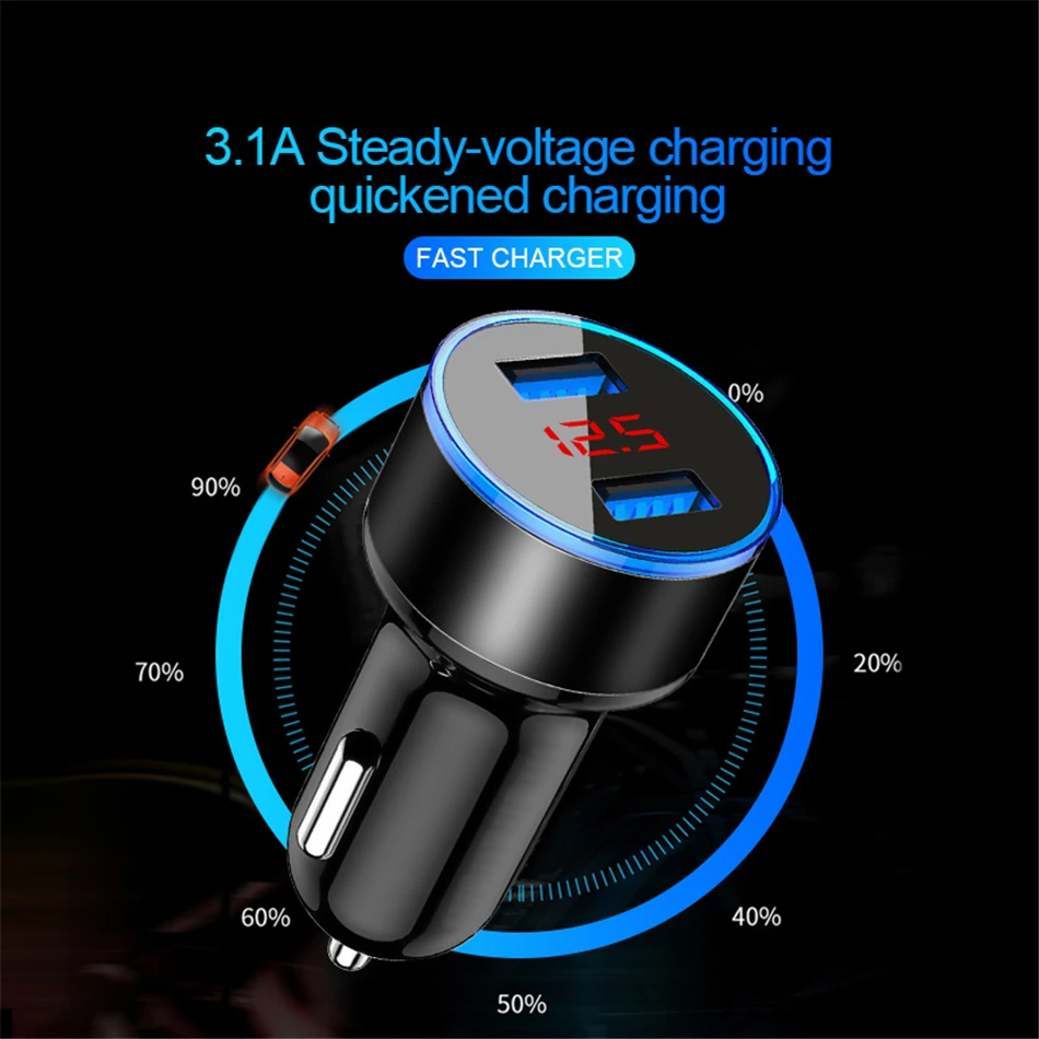 3.1A Car Charger Portable Car Cigarette Lighter Adapter Universal LED Display Dual USB Car Charger Adapter For iPhone 11 12 13