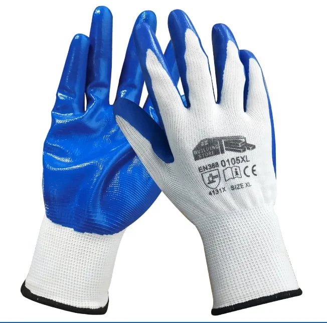Anti slip Nylon Liner Nitrile safety gloves blue and white color PPE Personal protective equipment