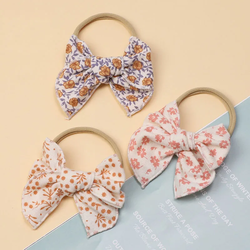 LRTOU New Arrival Nylon Fabric Elastic Baby Hair Bow Hairband Wholesale Cute Flower Printing Baby Kids Girl Hair Accessories