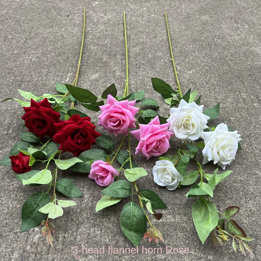 Red Flannel Rose Artificial Flower 3-5 Head and Single Head Wedding Decoration Cheap Foreign Trade Wholesale Fake Flower
