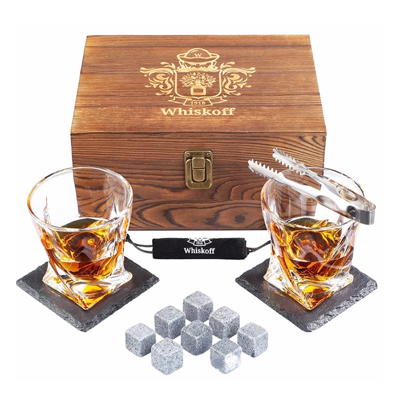 FHbiz Custom Whiskey Rocks Chilling Stones Wooden Box Set with Ice Cube Glasses Coaster