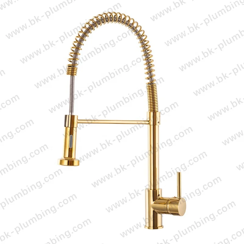 Spring Kitchen Sink Faucet Commercial Single Handle Brass Tap Pull Down Sprayer Golden Kitchen Faucet