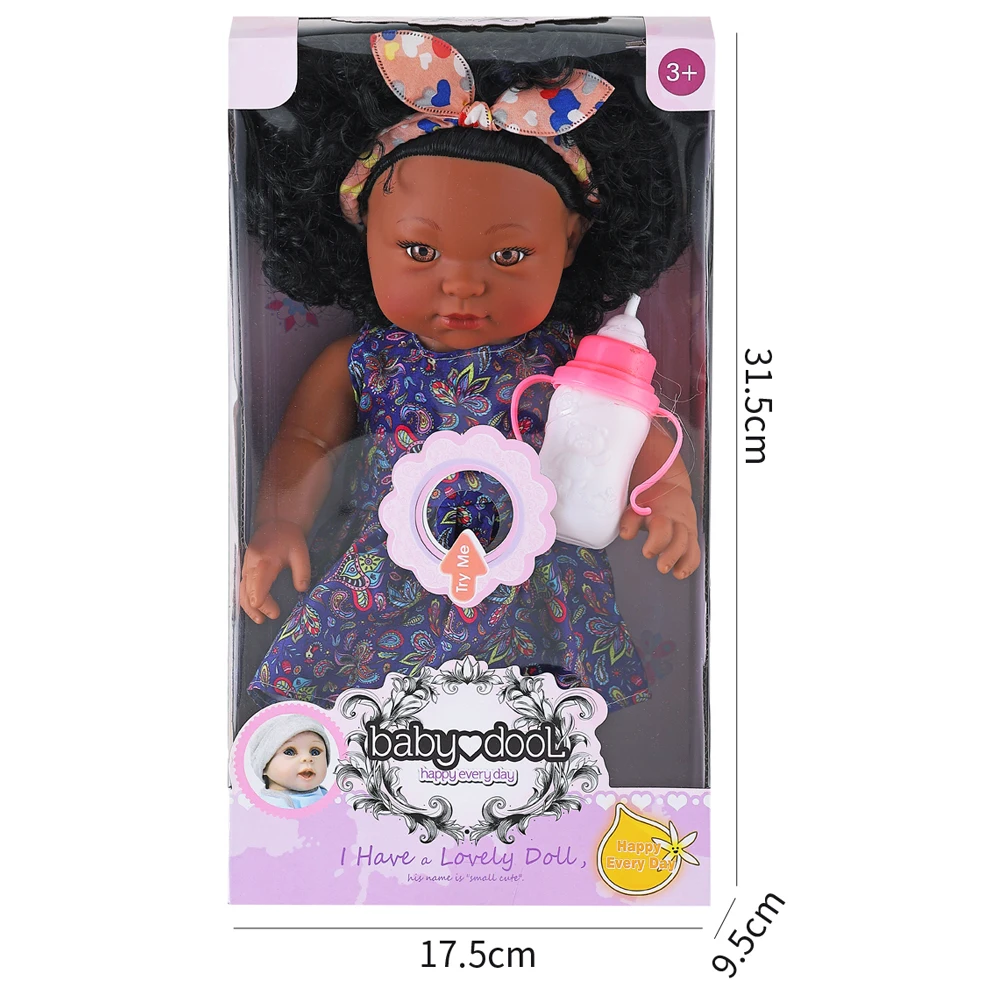30CM Full Body Enamel African Black Baby Doll With Hair Strap AND MILK BOTTLE WITH MUSIC 3 CLOTHING 3 EXPRESSIONS