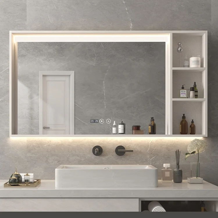 make up mirror with led light Smart Waterproof Bathroom Furniture Modern Storage Bathroom Mirror Cabinet With Led Light