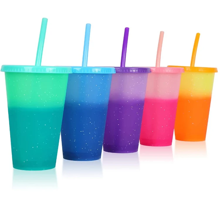 Color Changing Cold Drink Cup Reusable Summer Coffee Plastic Tumblers Cup With Lid And Straw
