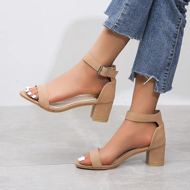 2022 Wholesale Fashion Ankle Strap Ladies High Heels Strappy Open Toe chunky heel Sandal Heels Sandals