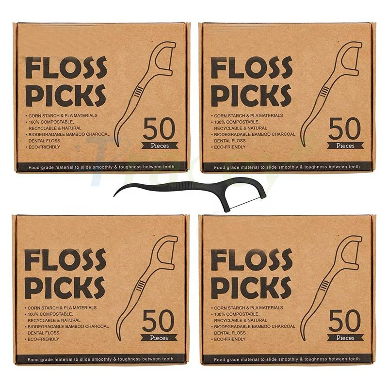 Biodegradable Handle Black/White Corn PLA Floss Pick Floss Stick Tooth Pick