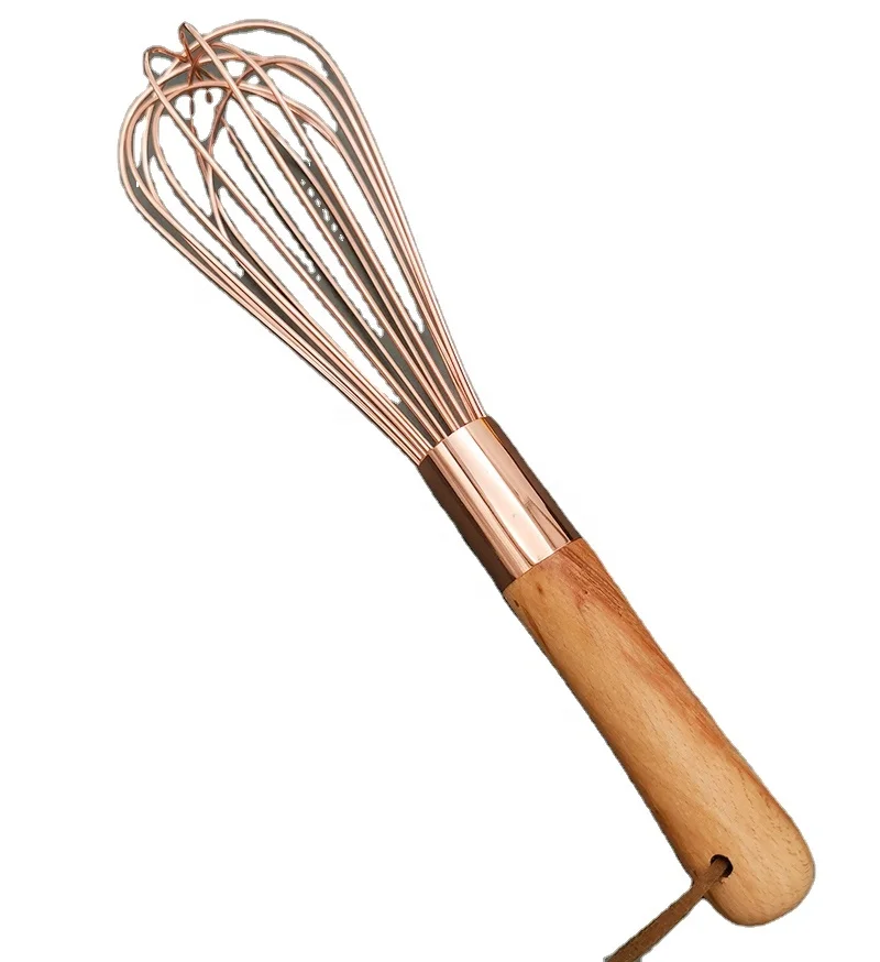 INS Style Rose Gold Egg Whisk Wood Handle Cake Baking Tool 8 & 10 inch Gold Egg Whisk