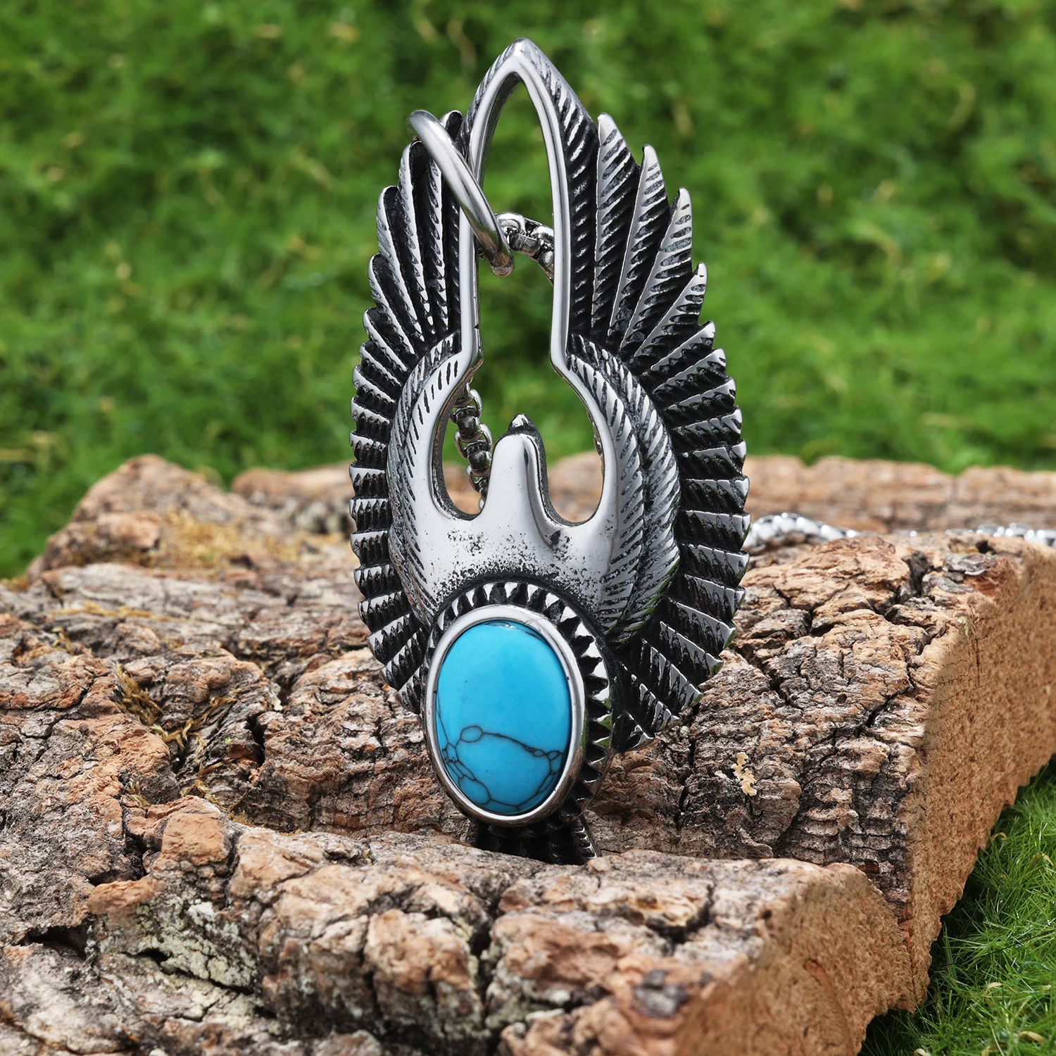 Punk Jewelry Wholesale Stainless Steel Turquoise Stone Bezel Setting Stainless Steel Material Bird Eagle Pendant Necklace