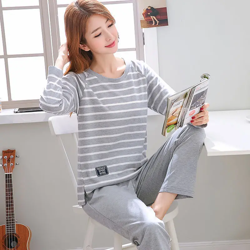 Drop Shipping Wholesale Sleepwear Pijama Set Long Sleeve Round Neck Women Soft Cotton 2 pieces Pajamas Suit