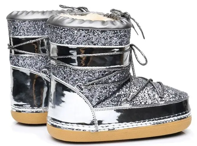 Winter hot soled sequined lace-up warm fleece fashion and comfort non slip waterproof moon shoes for women