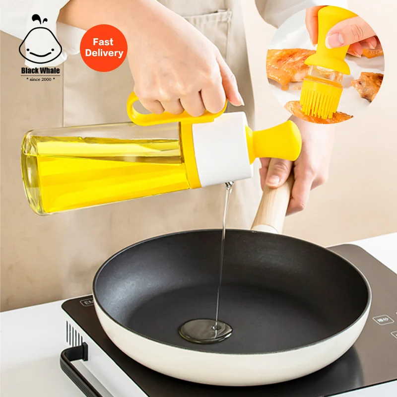 Olive Oil Dispenser Bottle for Kitchen with silicone brush in lid smart oil bottle 18oz 550ml glass Vinegar Cruet Dispenser
