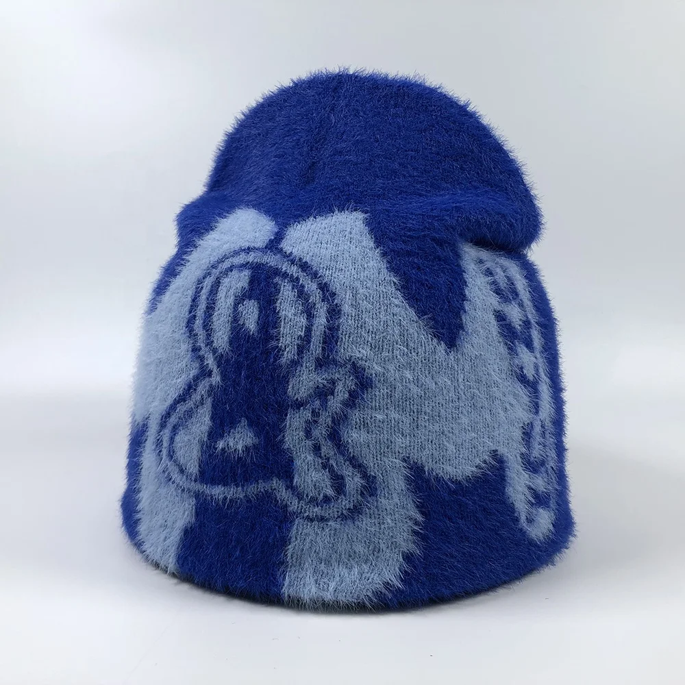 OEM popular premium unisex colorful unfold fur warm knit winter hats with jacquard design logo custom no cuff mohair beanie
