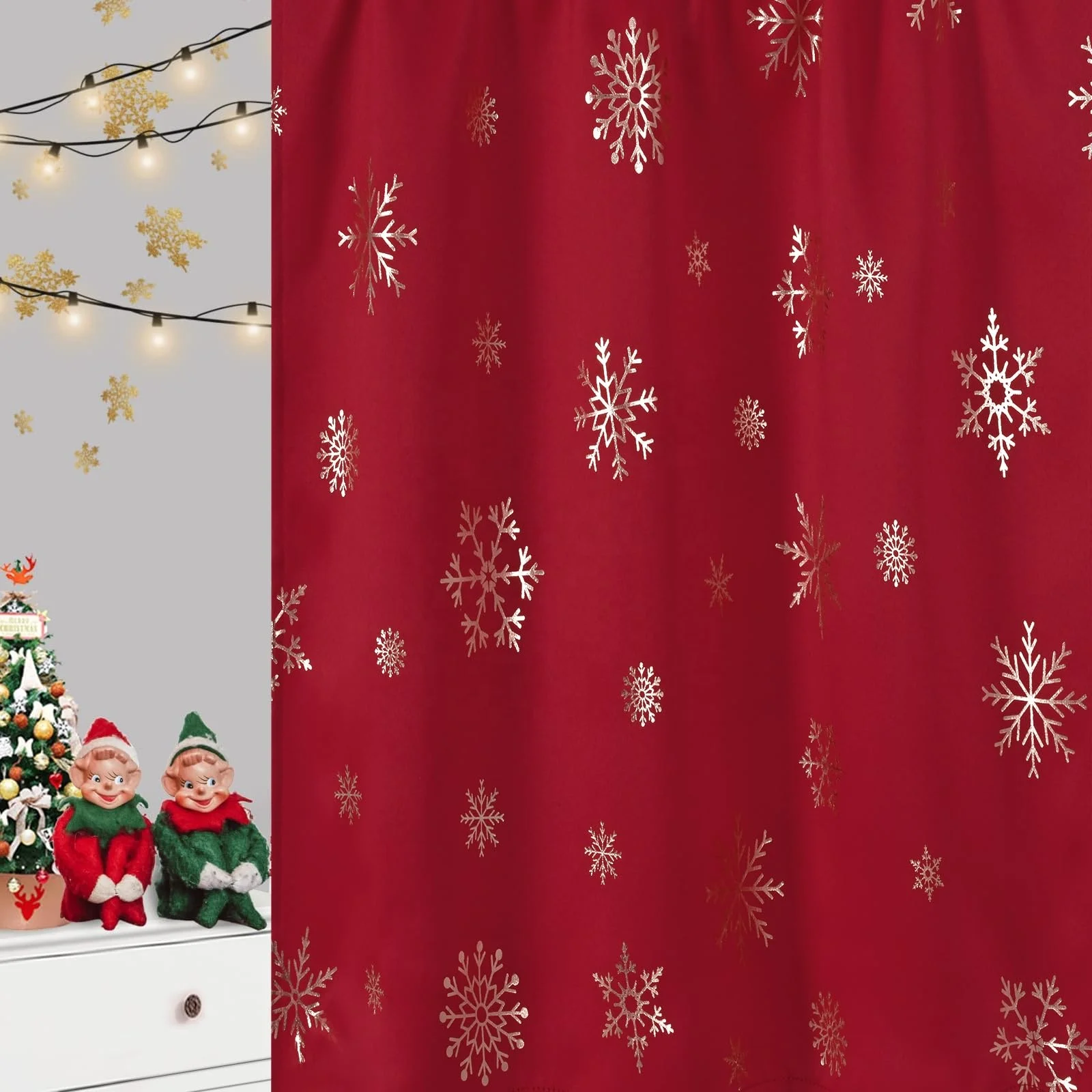 Bindi 2 Panels Gold Snowflake Foil Print Rod Pocket Red Christmas Tier Kitchen Curtains