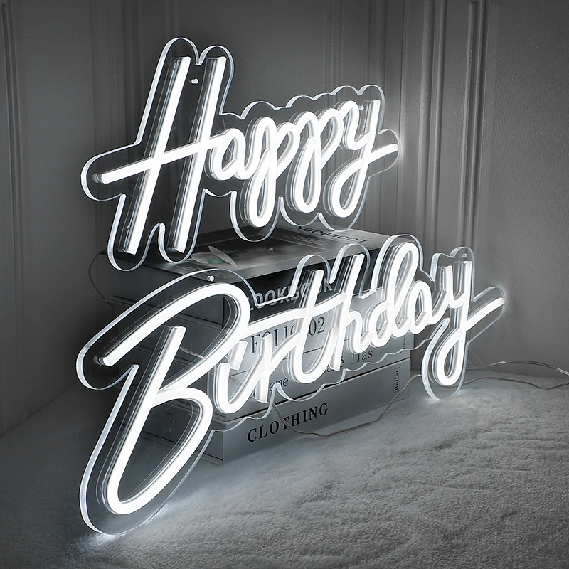 Led Happy Birthday Neon Sign Light for Wall Decor Wedding Party Transparent Acrylic Custom Neon Light Sign Wedding Party Decor