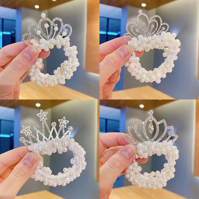 Korean New Tiara Rope Kids Princess Crown Pearl Hair Tie For Girls Simple Cute Elastic Hair Ring Hair Bands Children