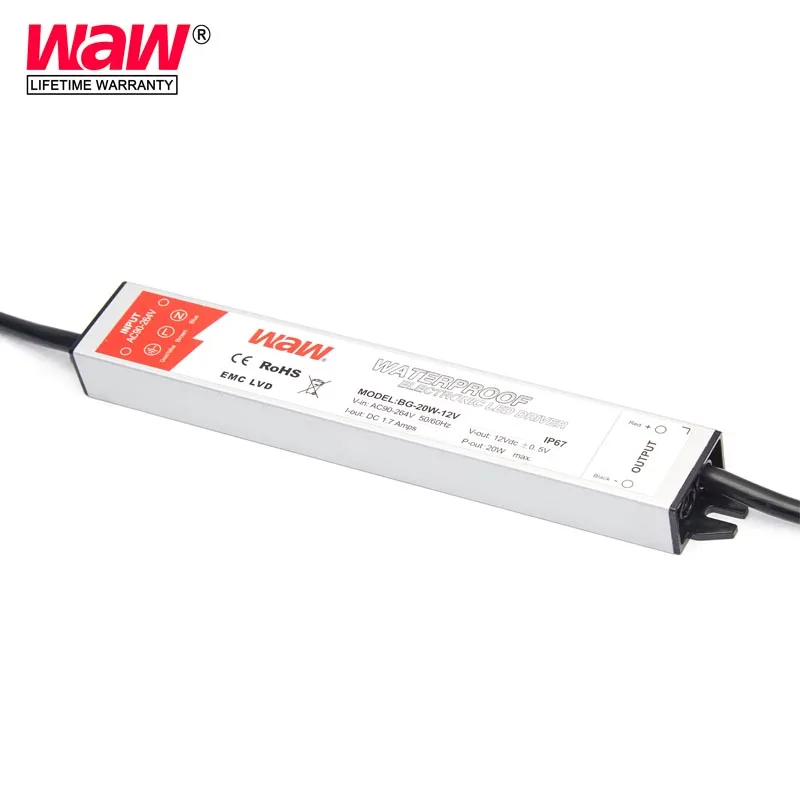 12v 20w constant voltage waterproof IP67 LED driver LED power supply for LED strips with CE,ROHS approved