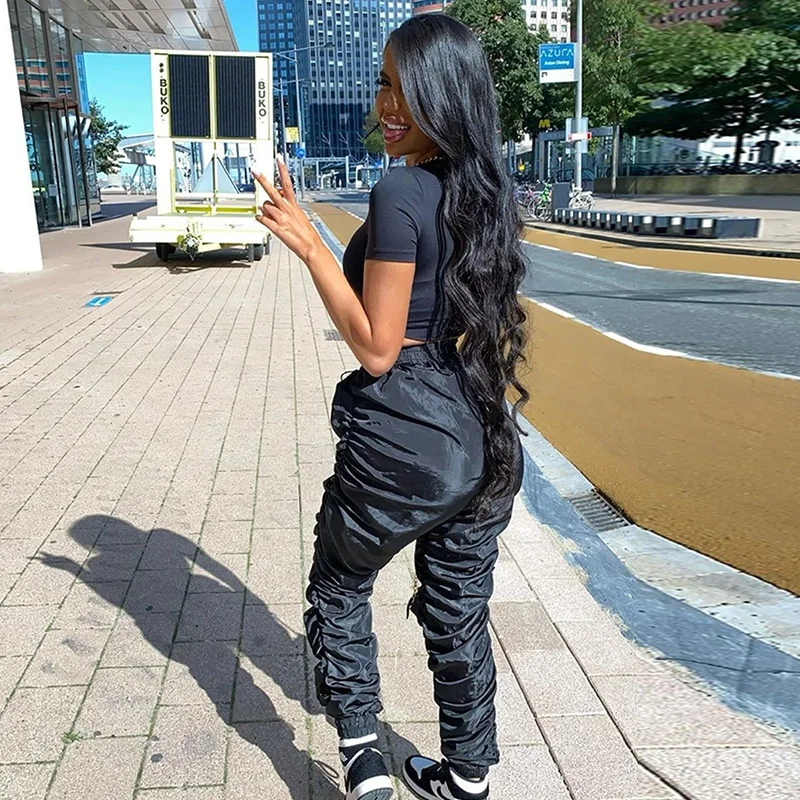 Spring Solid Women Ruched leggings High Waist Jogger Casual Streetwear Sporty Trousers Stacked Pants stacked sweatpants women