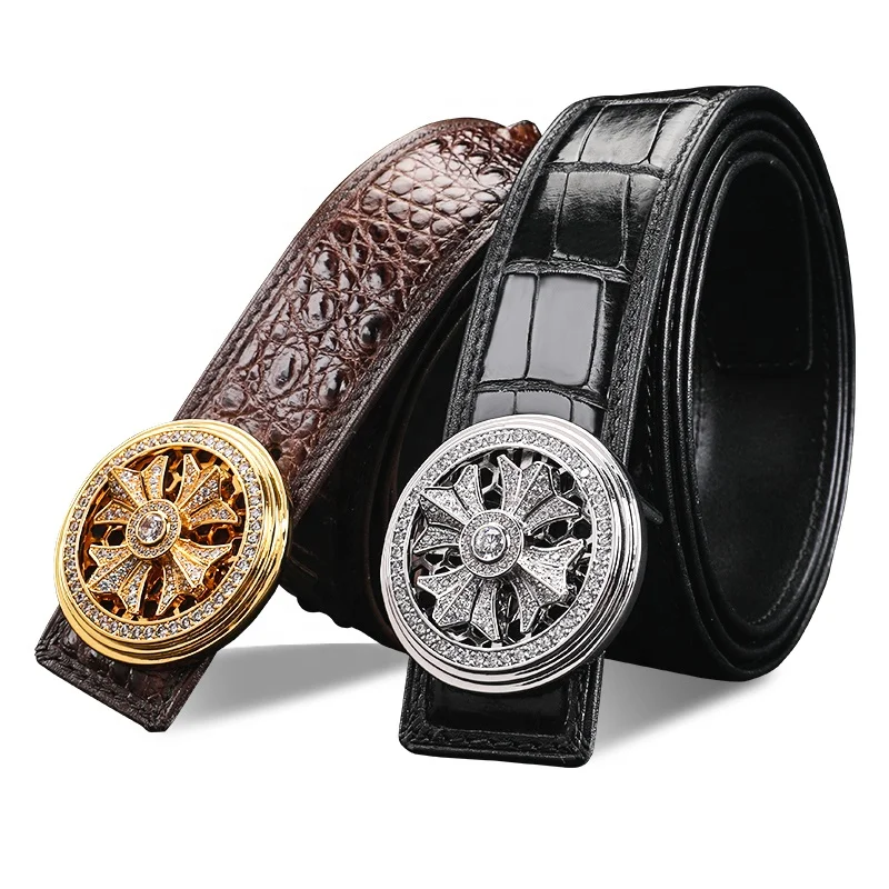 OEM luxury belt men crocodile belly skin italian style leather belt with diamond buckles for men