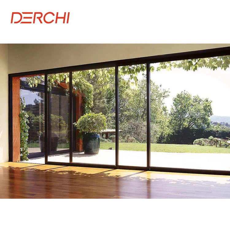DERCHI AS2047 NFRC Thermal Break Aluminum Hurricane Proof Impact 4 Tracks Large Double Glass Patio Aluminum Sliding Glass Door