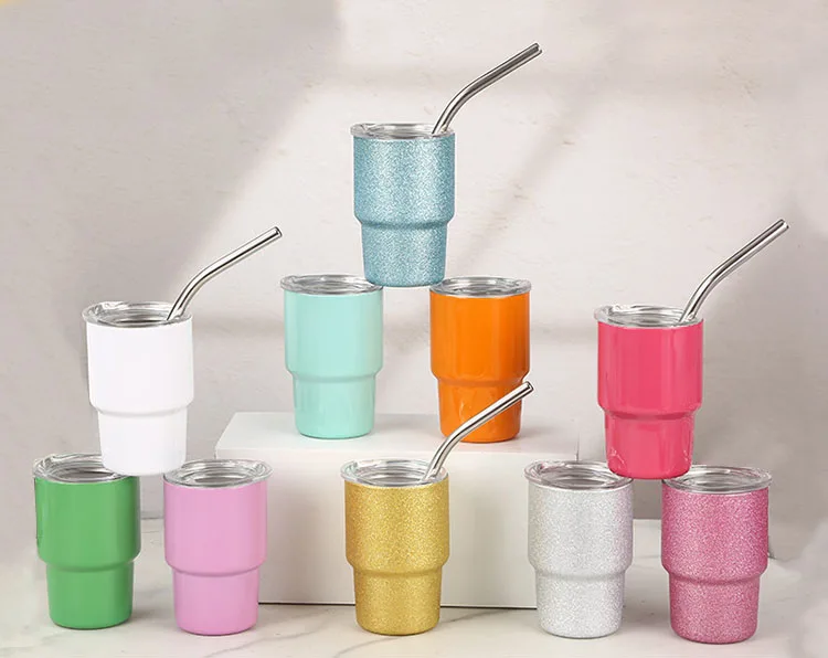 Hot New Design 2oz 3oz Mini Sublimation Cup Stainless Steel Colored Travel Tumbler Shotglass With Metal Straw