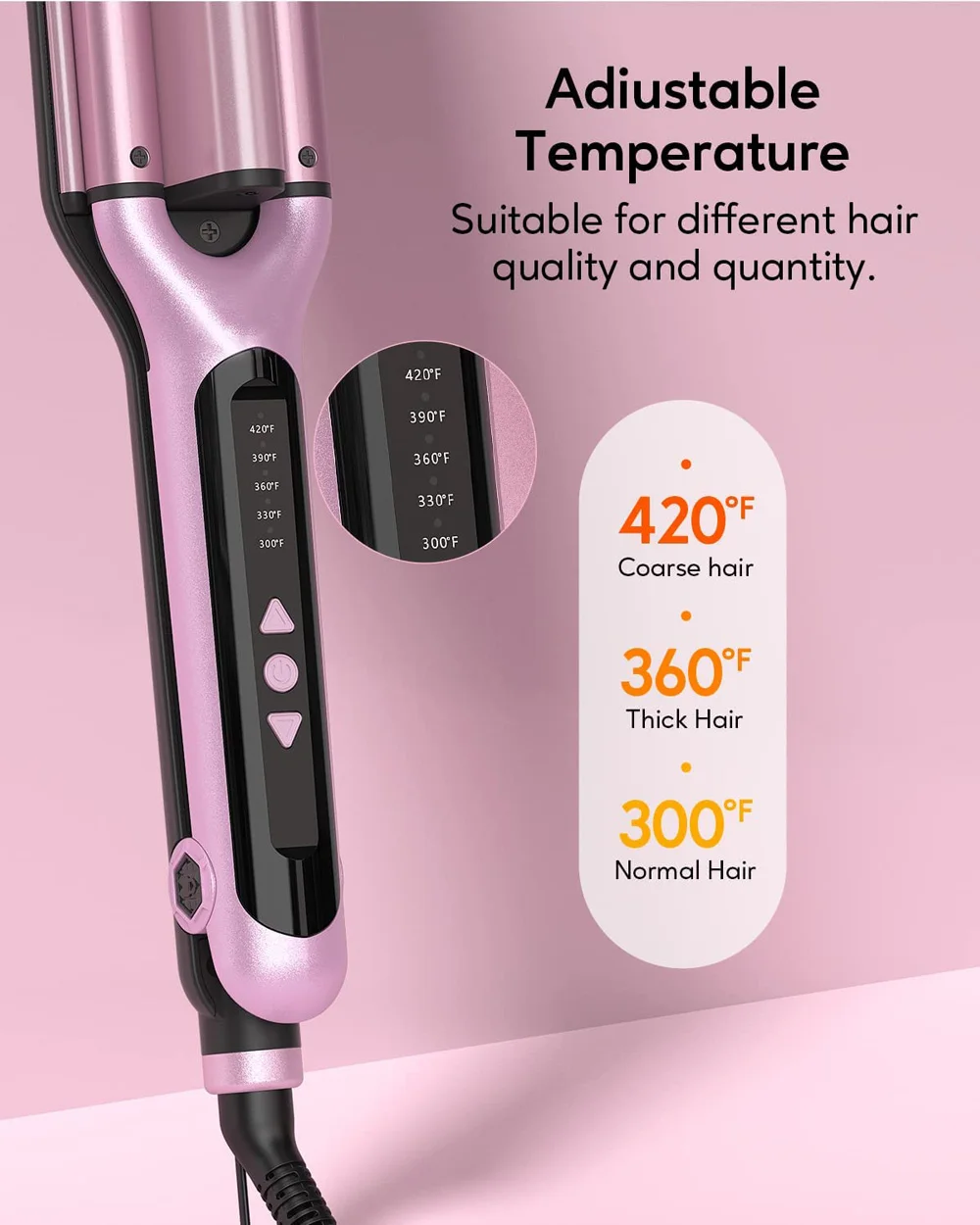 Pink 3 Barrel Deep Hair Waver Adjustable Heat Beach Waves Curling Iron LED Display Ceramic Wave Wand Hair Crimper