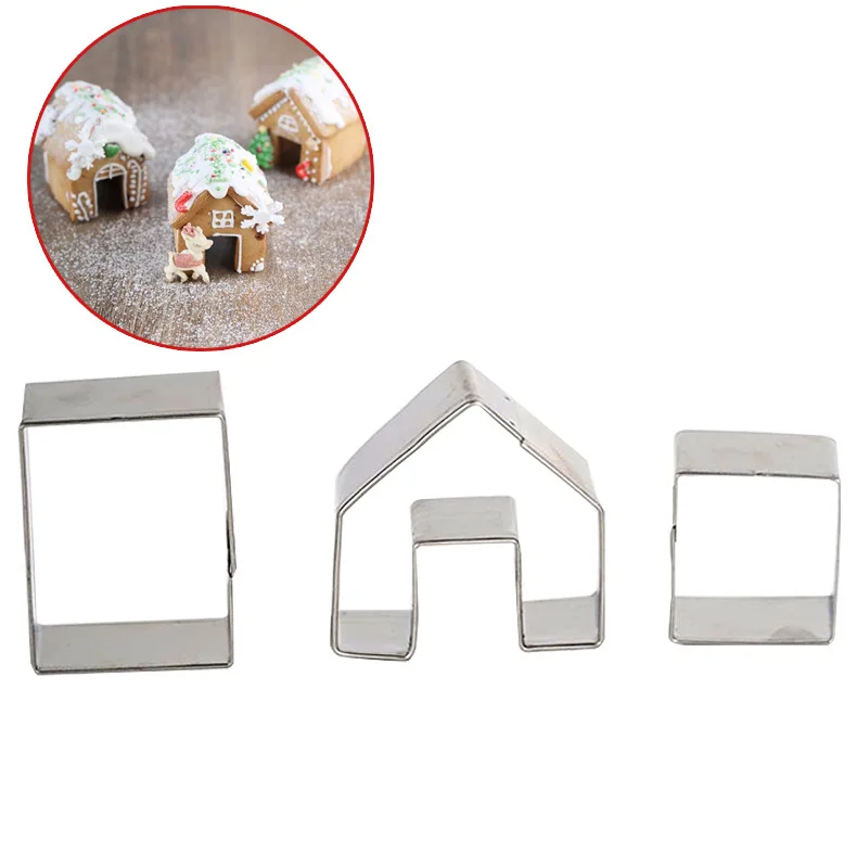 3Pcs Fondant Cake House Diy Stainless Steel Christmas Series Stamp Biscuit Mold 3D Multi Cookie Plunger Cutter