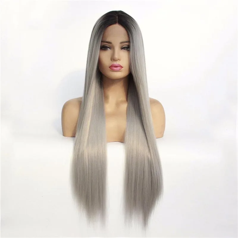 European and American mid-length straight curly hair COS gray gradient anime wig female chemical fiber headgear synthetic wig