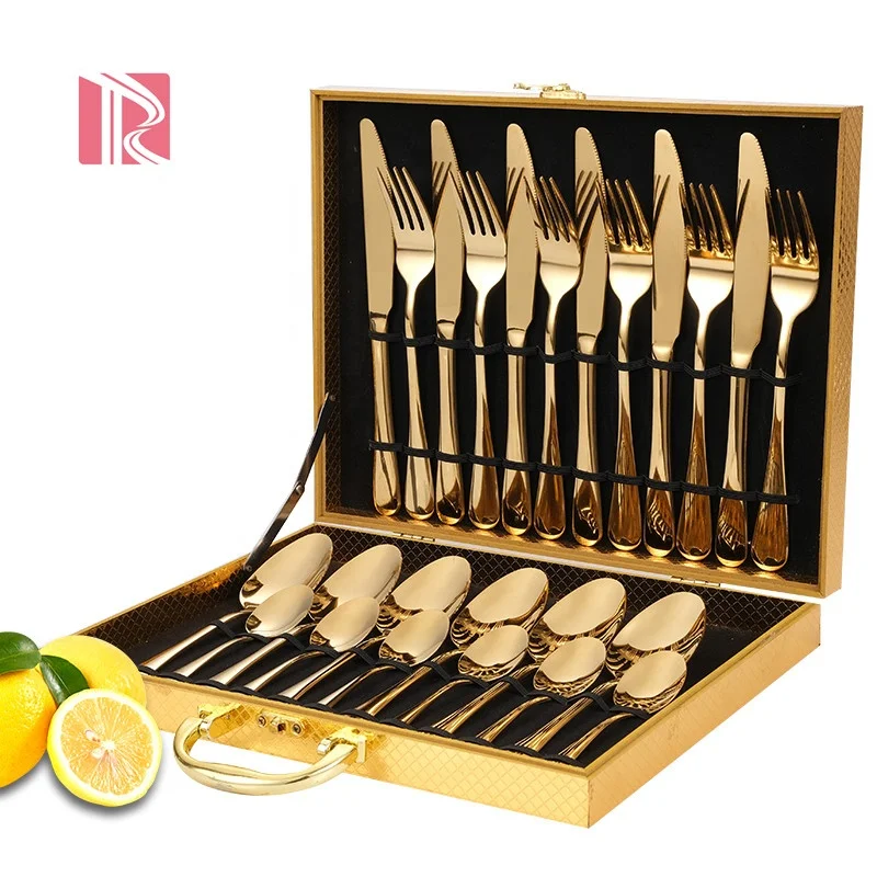 
RONGYE Hot Sell 24 pieces stainless steel luxury cutlery set Eco Friendly Reusable Gift Spoon Fork with Box gold cutlery set 