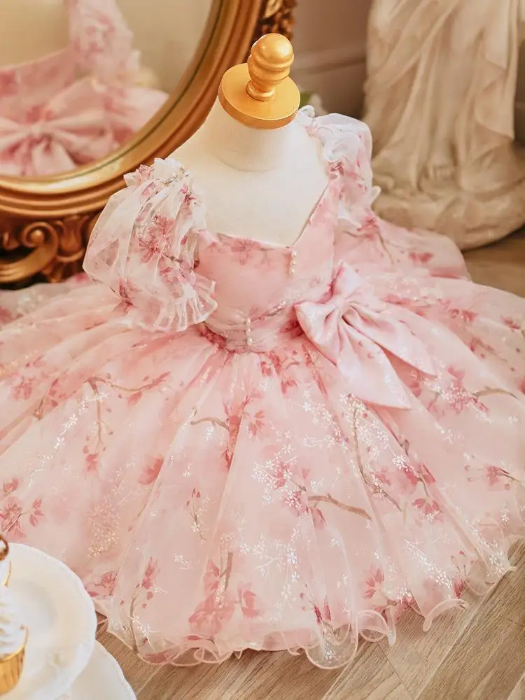 2024 Princess pink flower dresses for Baby Girls Birthday Wedding tulle dress frock clothing wholesale
