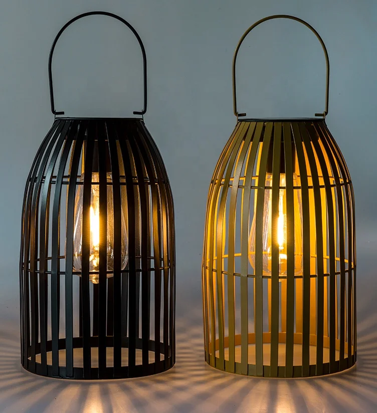 Kanlong outdoor garden bamboo solar metal lantern with plastic filament bulb and solar panel