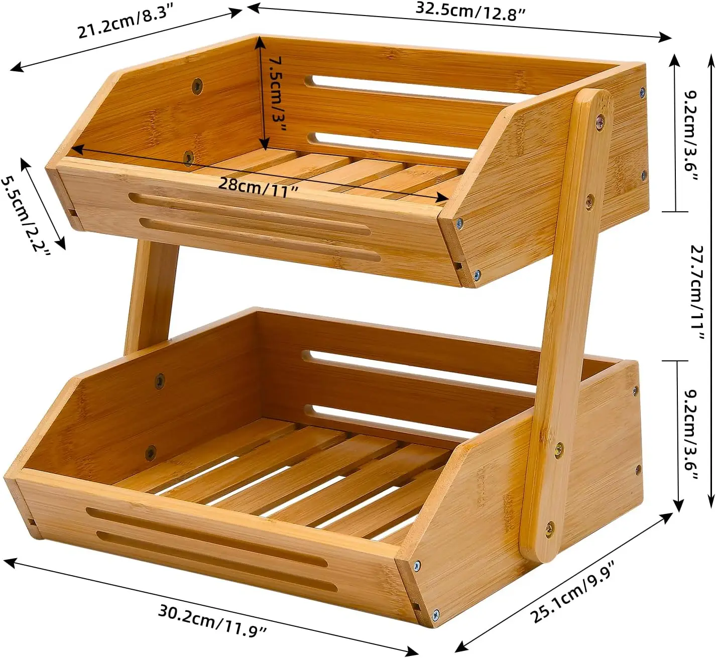 Wholesale 2 Tier Bamboo Fruit Basket,Wooden Storage Tray Fruit Holder,Bamboo Wood Vegetable Stoeage Basket for Kitchen Shelf