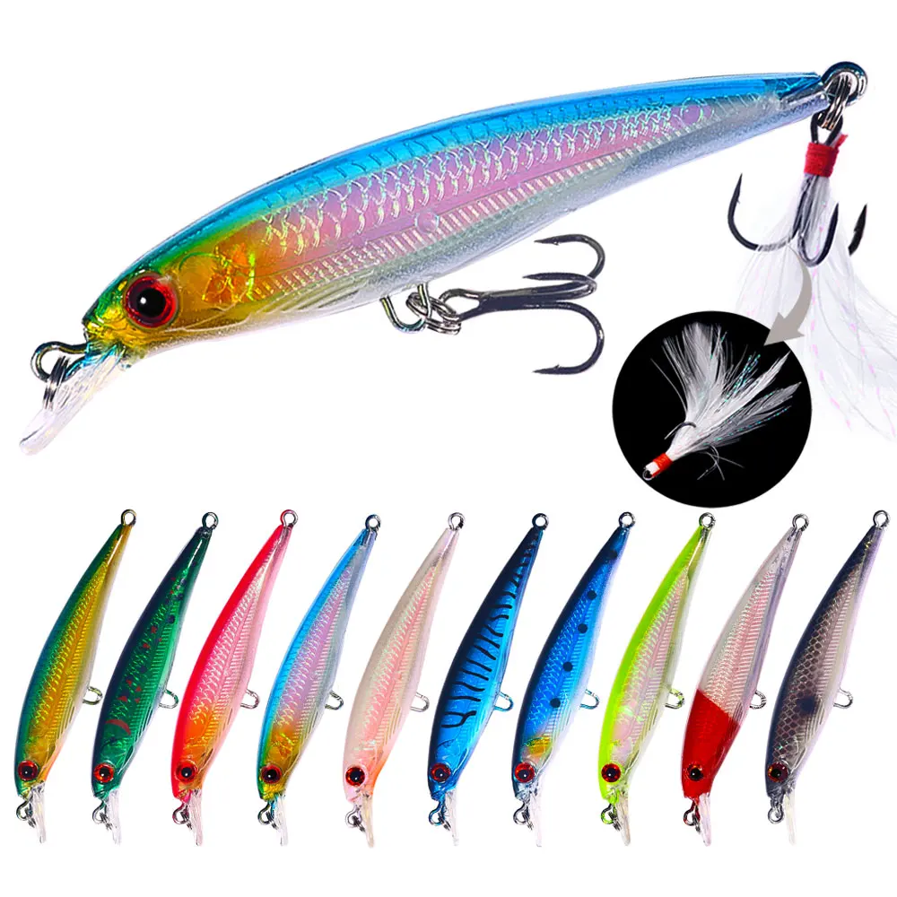 9CM-6.7G Hard Plastic Carp Bait Salt Water Fishing Lure with Feather Treble Hooks Artificial Sinking Minnow Lure