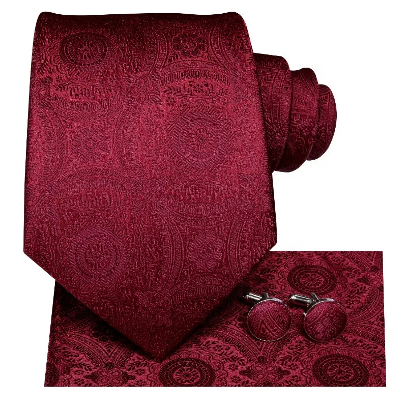 Formal Wedding Wine Red Flower Jacquard Woven Mens Silk Tie Set