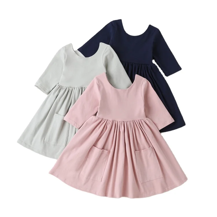 
Kids Fall Wear Manufacturers Eco-Friendly Solid Color 95% Cotton Daily Life Dress For Girl 