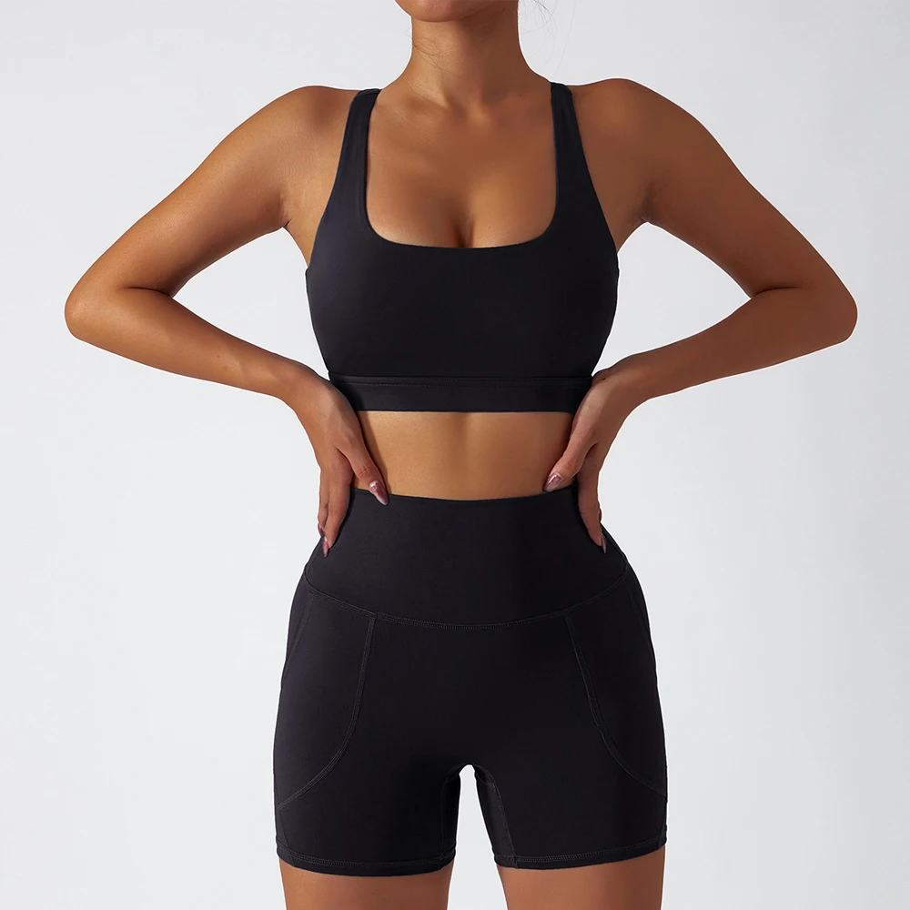 Eco Friendly Recycled Fabric 2 Piece With Pockets Short Leggings Women Fitness & Yoga Wear Sports Bra Gym Fitness Sets
