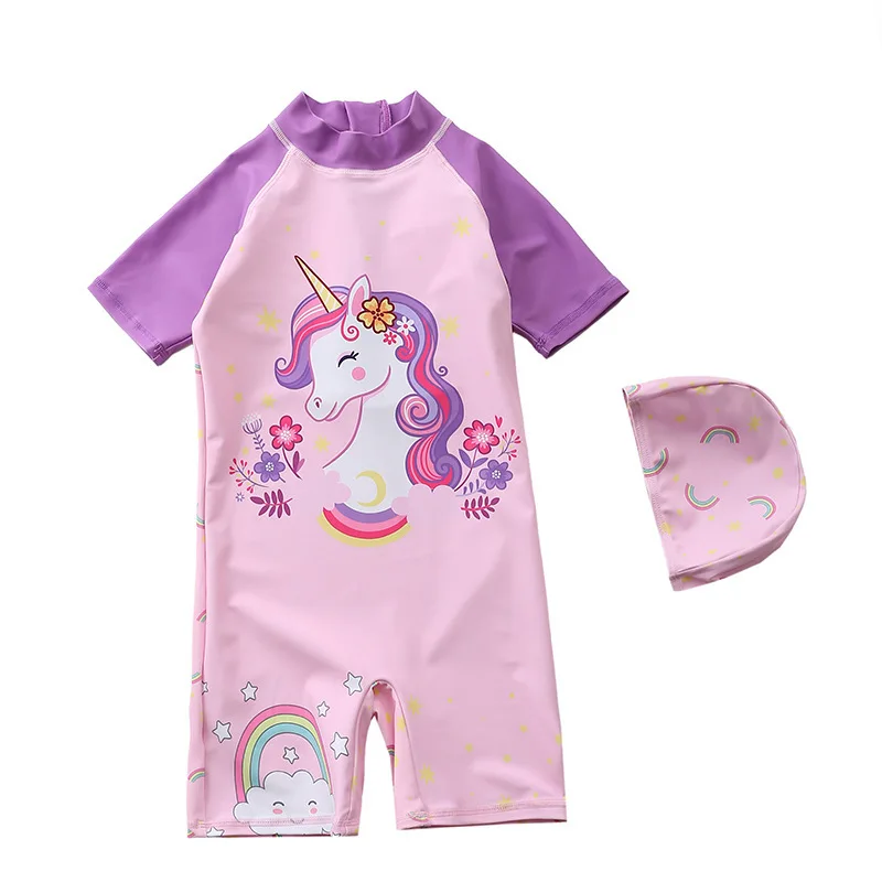 Baby Gril One Piece Swimsuit Sunsuit Long Sleeve Swimwear Ruard Toddler kid Unicorn Bathing Suit Zip With Hat