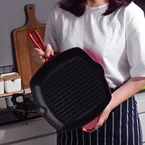 Nonstick Square Cast Iron Skillet Grilling Pan, Enameled Cast Iron Skillet Steak Pan with Side Drip Spout