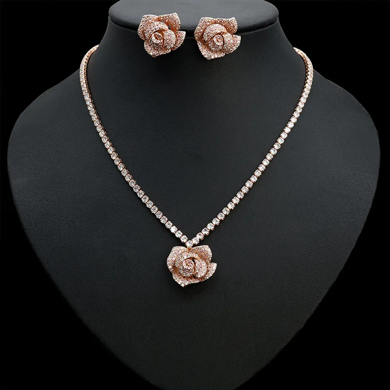 High Quality Wedding Bridal Set 2023 Flower Wedding Jewelry Necklace Earrings Rings Tennis Chain Jewelry Set for Women