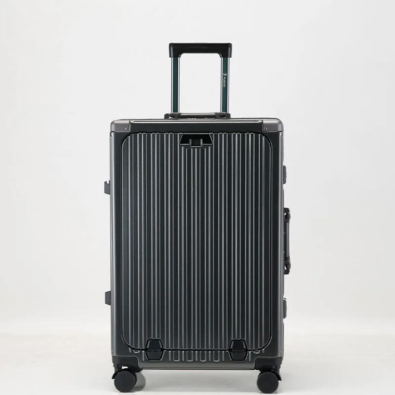 100%PC Aluminum frame front opening travel case Business travel suitcase for unisex phone stand luggage