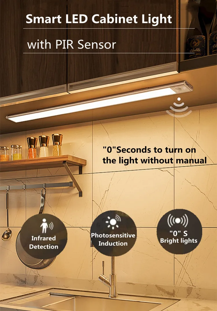 Led Cabinet Light USB 5V Rechargeable Wireless Motion Sensor Closet Light Aluminum LED Under Cabinet Light