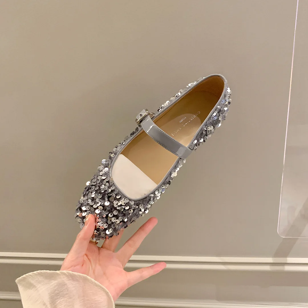 XINZI RAIN   Ladies Flat Shoes Round Toe Shallow Month Silver Glitter Sequin Women Mary Janes Flat Shoes